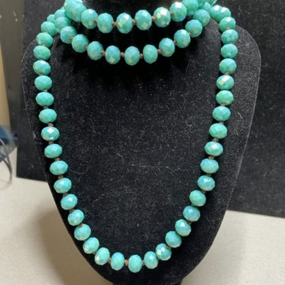 60" Gorgeous Teal Turquoise Blue Hand Knotted Glass Faceted Flapper Beads Vntg - Picture 3 of 10
